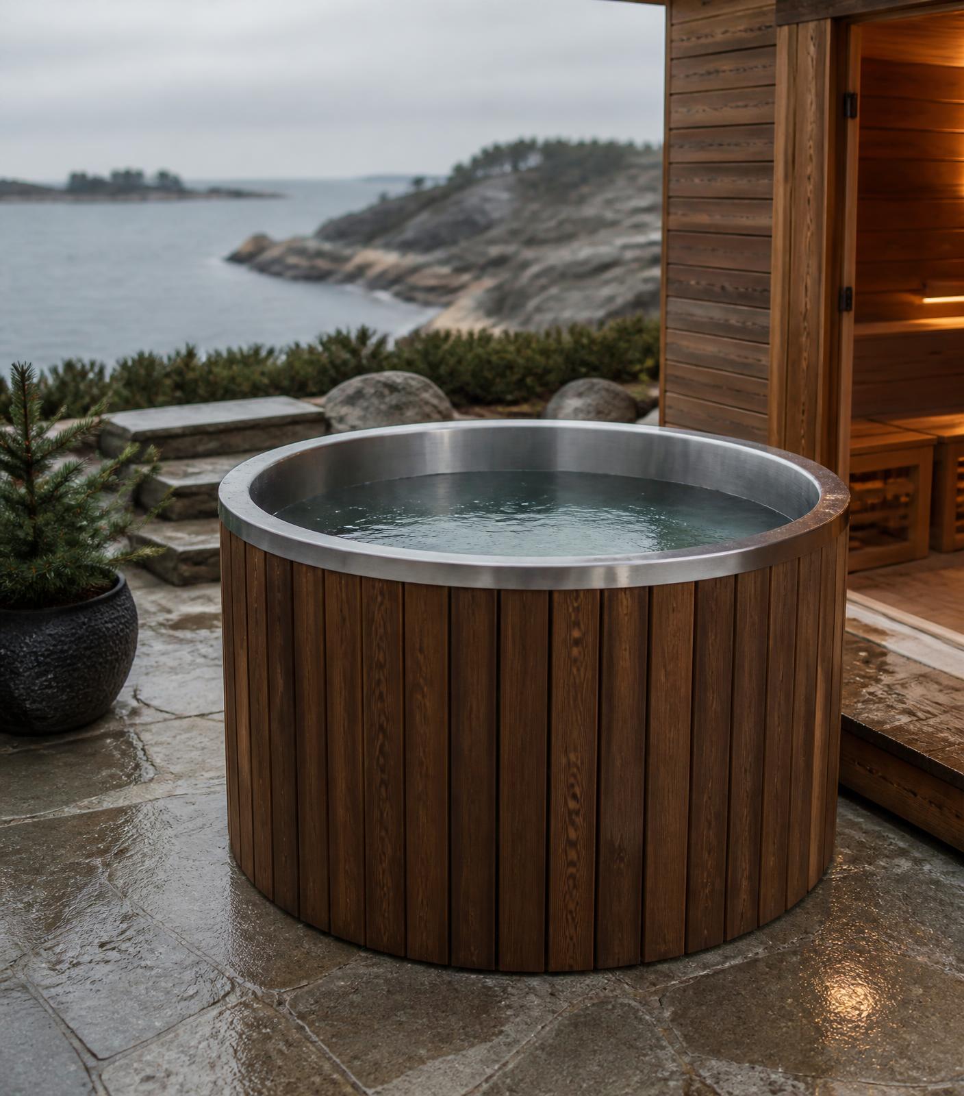Round stainless steel ice bath with thermowood cladding on a stone terrace