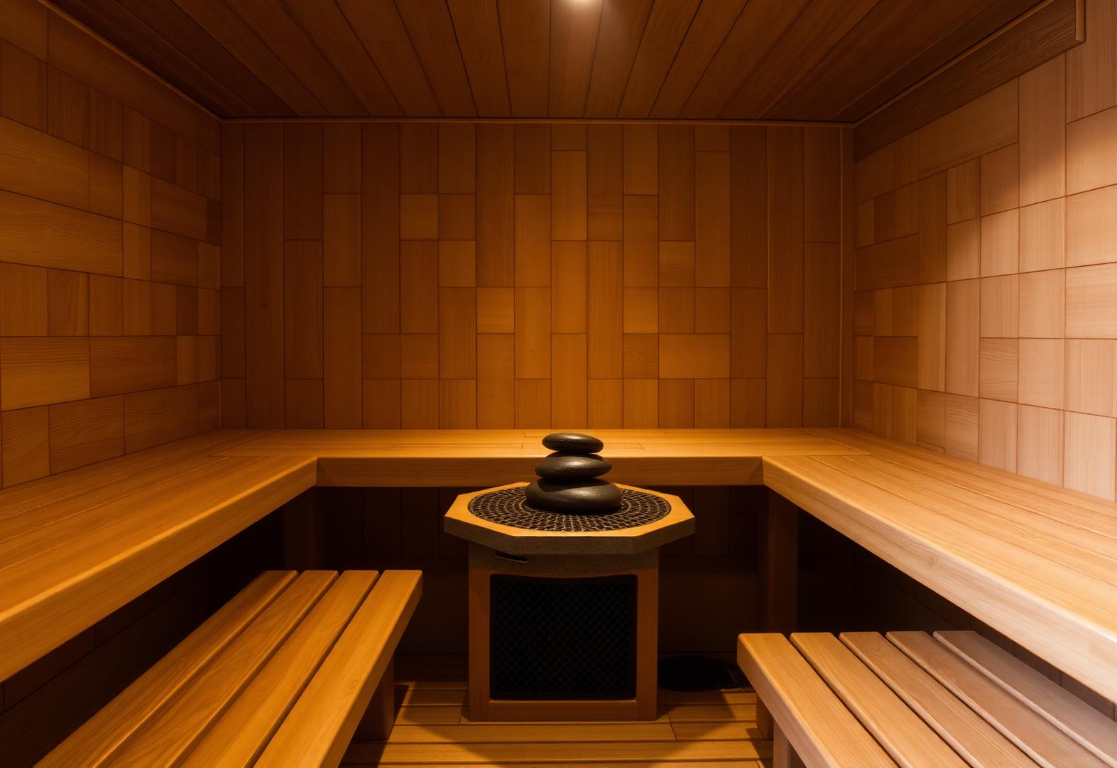 Warm cedar sauna interior with heater stones